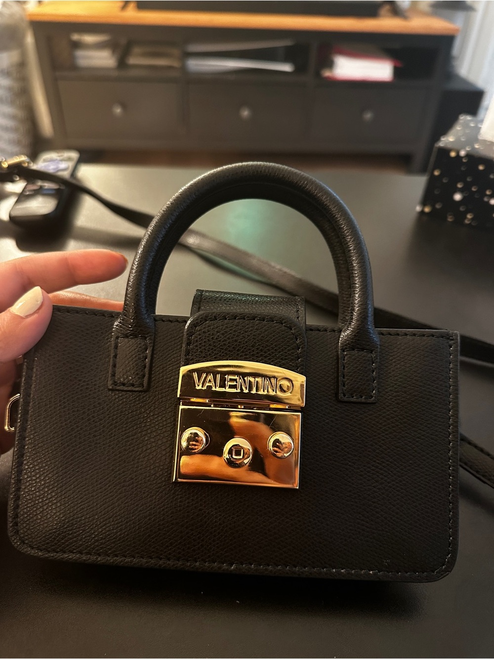 Authentic Valentino Black Leather Mini Top-Handle Bag with Gold Hardware